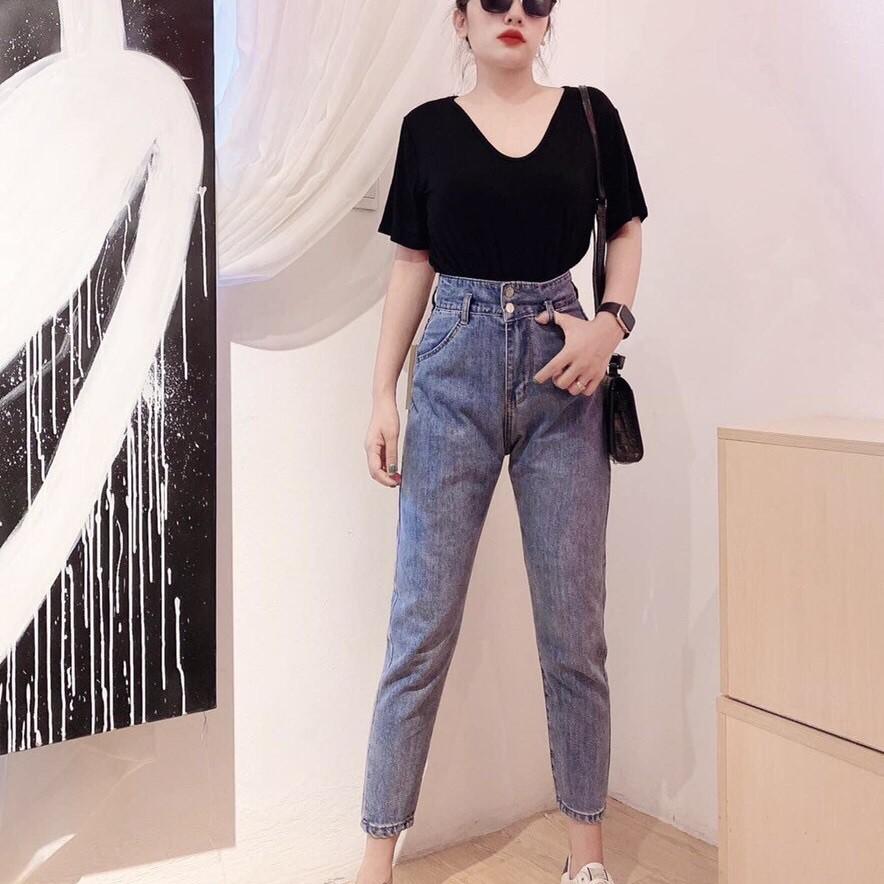 Quần jean baggy nữ màu xanh King168, quần nữ co dãn nhẹ MS1051