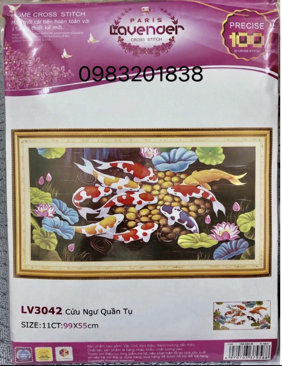 Tranh thêu chữ thập Cửu ngư quần Tụ LV3042, kích thước 99 x 55 cm, tranh thêu 3D