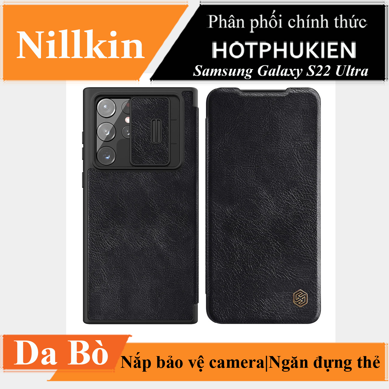 Case bao da leather chống sốc cho Samsung Galaxy S22 Ultra hiệu Nillkin Qin Pro trang bị nắp bảo vệ Camera  - hàng nhập khẩu