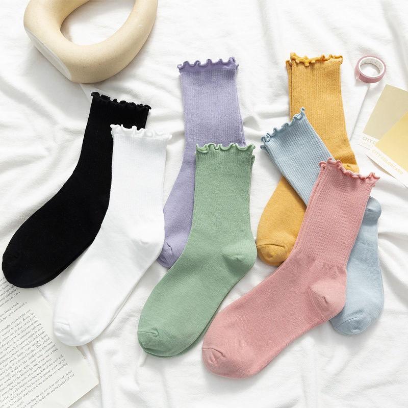 Tất nữ nhún cao cổ bèo dễ thương màu pastel trơn chất liệu cotton mềm mịn thoáng DOLLY SECRET T17