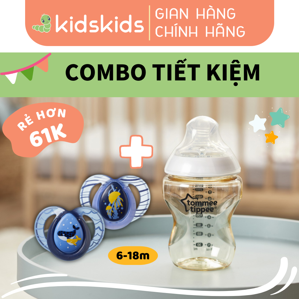 COMBO Ty ngậm dạ quang cho bé Tommee Tippee Night Time 6-18m &amp; Bình sữa PPSU ty siêu mềm tự nhiên Tommee Tippee 260ml