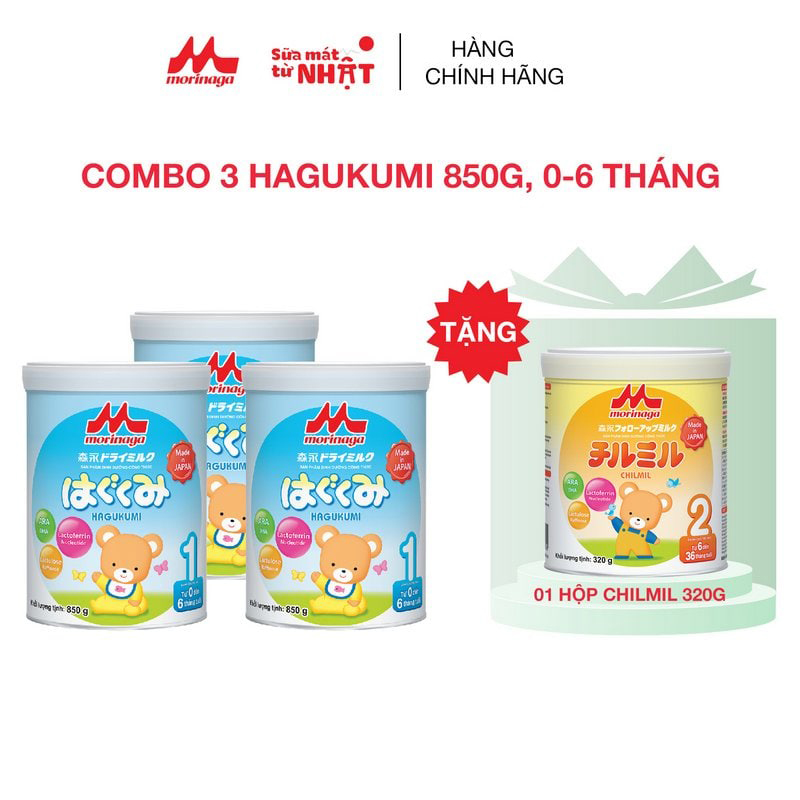 Combo 3 lon Sữa Morinaga số 1 Hagukumi 850g + 1 lon sữa Morinaga số 2 320gr