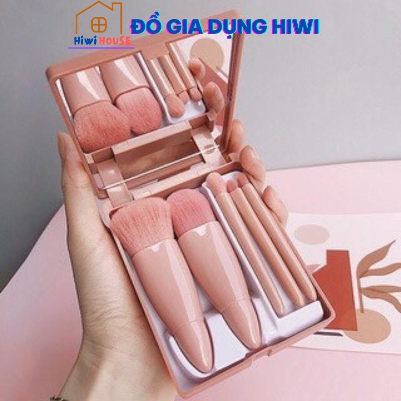 Bộ cọ trang điểm makeup cá nhân 5 món màu hồng Vintage hộp gương