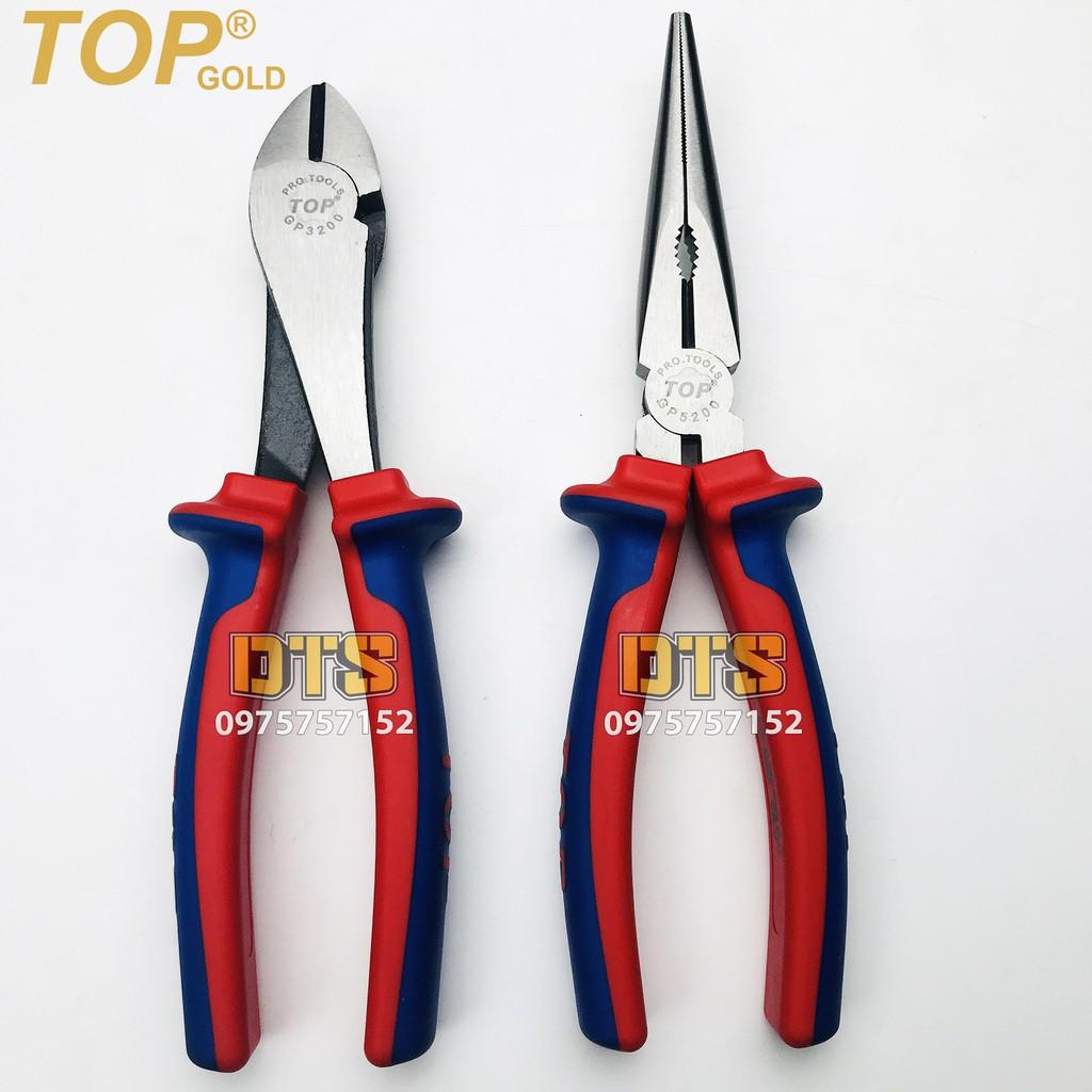 Bộ 2 kìm cắt - nhọn trợ lực chuyên nghiệp TOP GOLD 200mm, thép Hi-Cr cao cấp, thiết kế cộng lực tiết kiệm 50% lực bấm