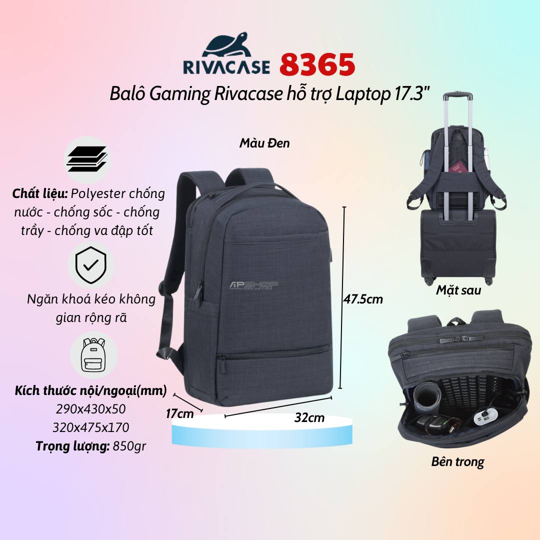 Balô Gaming Rivacase 8365 Để Vừa Laptop 17.3&quot; - Bảo Hành 24 Tháng - Hàng Chính Hãng