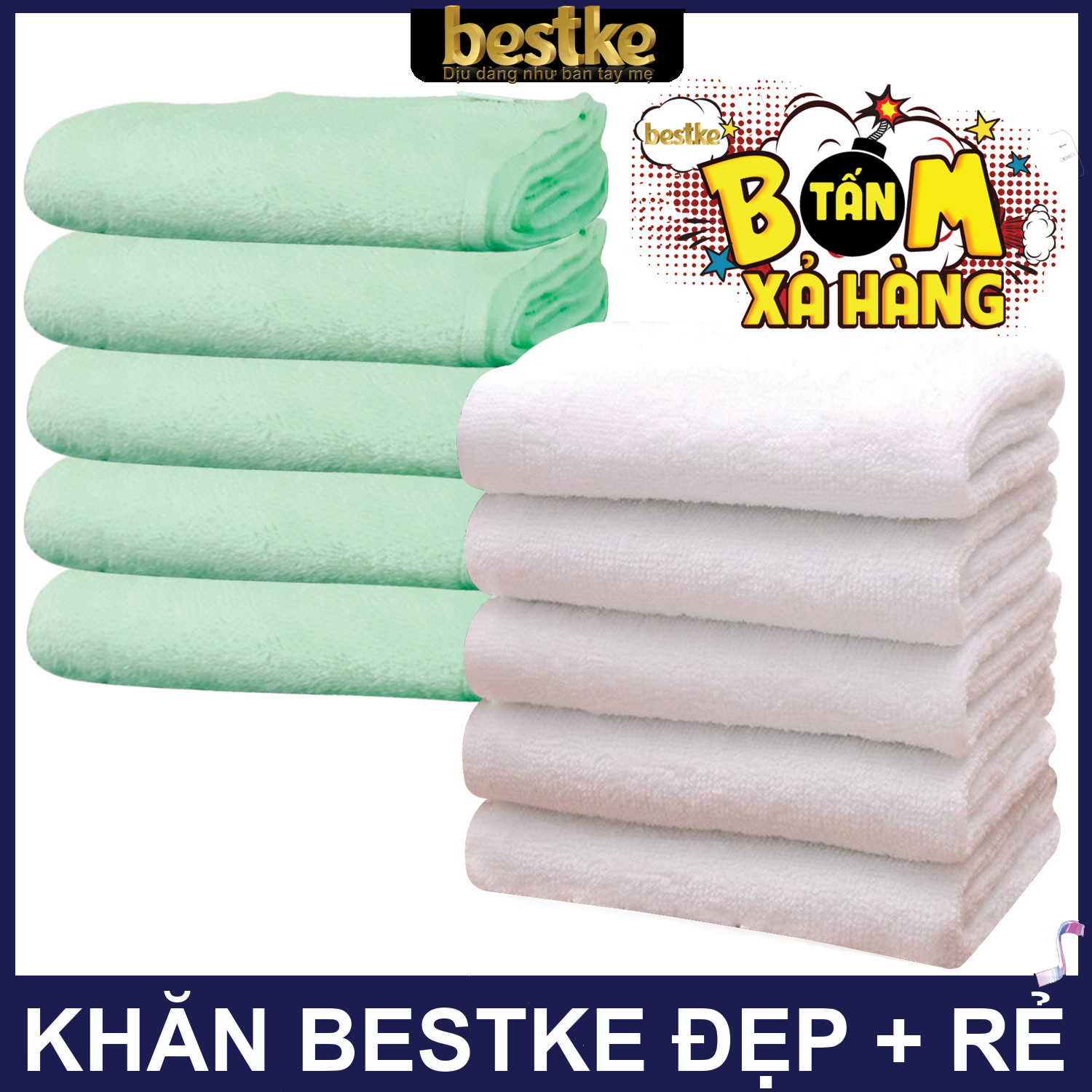 Combo 10 cái Khăn gội bestke 100% cotton, màu trắng và xanh nõn chuối, KT 83*33cm, Cotton towel, bestke towel