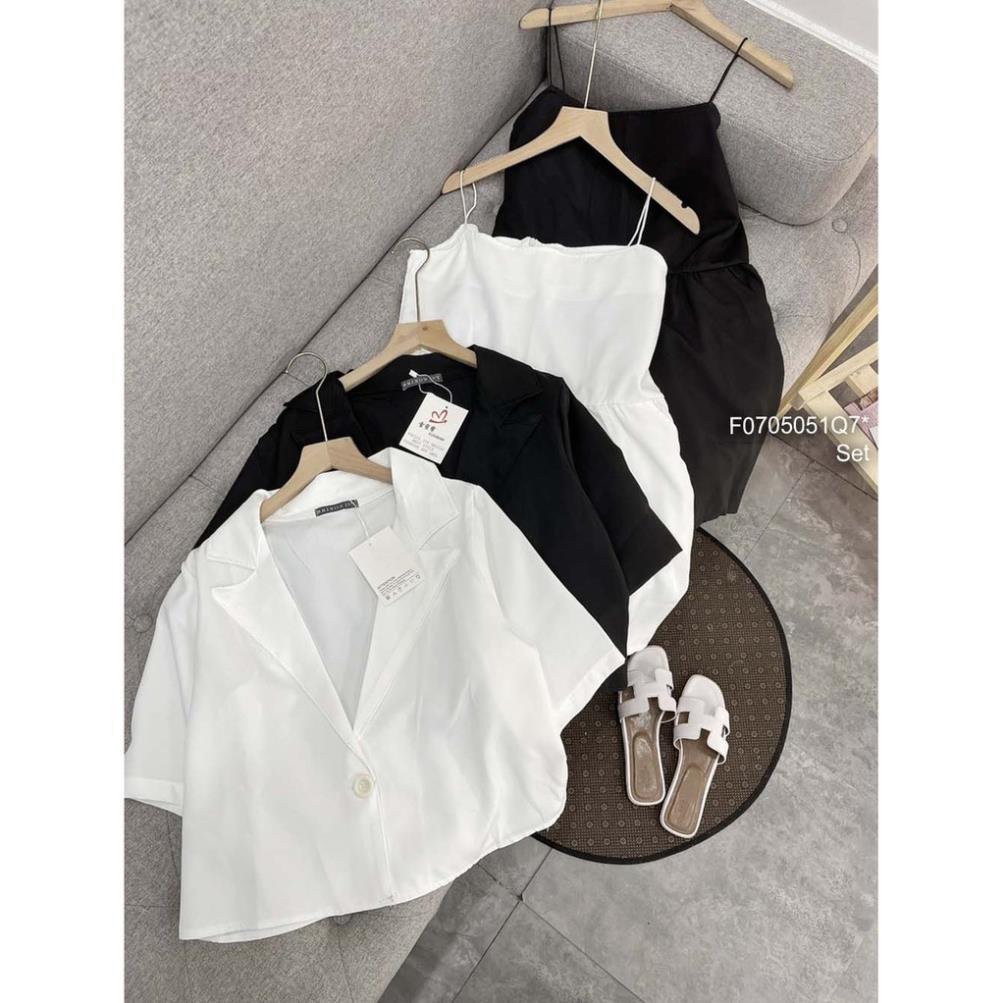 Bộ Jumpsuit Nữ Quần Cộc Áo Vest Đũi Set Trang Phục Nữ Quần Ngắn Áo Quây Kèm Áo Khoác Ngoài 2 Màu
