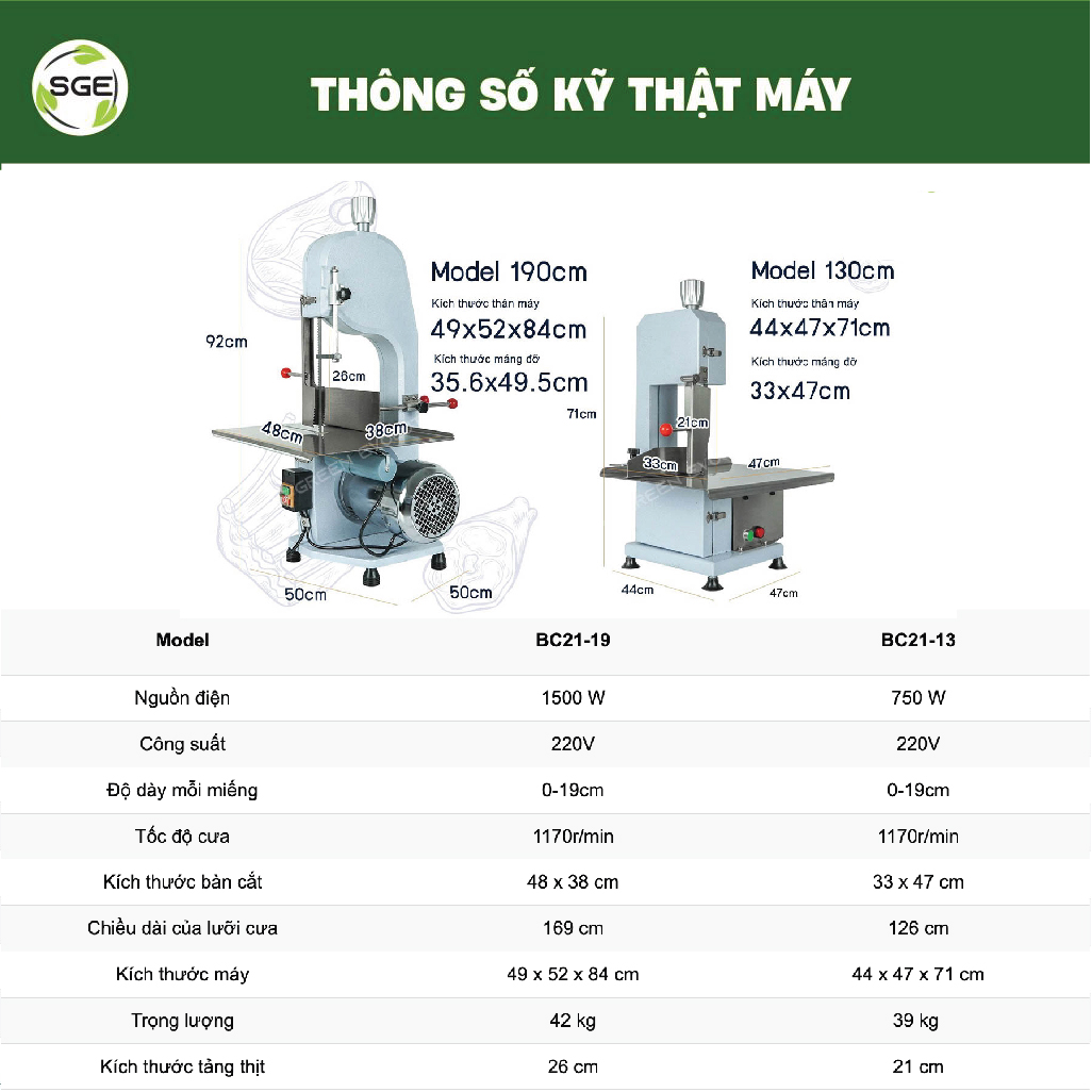 Máy Cưa Cắt Xương Thịt Đông Lạnh SGE BC21-13 , BC21-19, BC190 Pro Inox 304 SGE