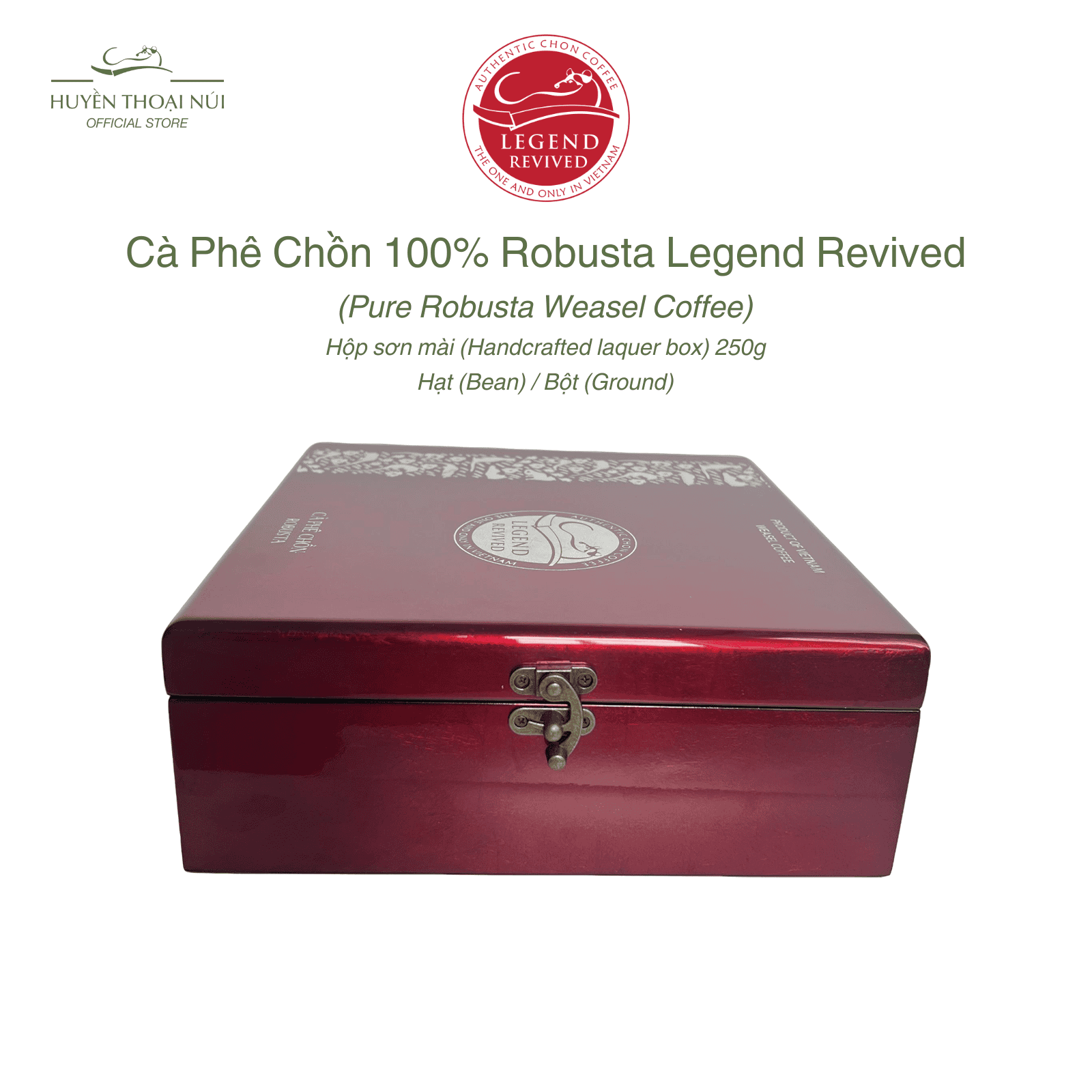 Cà Phê Chồn 100% Robusta Legend Revived - Hương Trà Đen, Bạch Quả, Chocolate Đen - Hộp Sơn Mài 250g