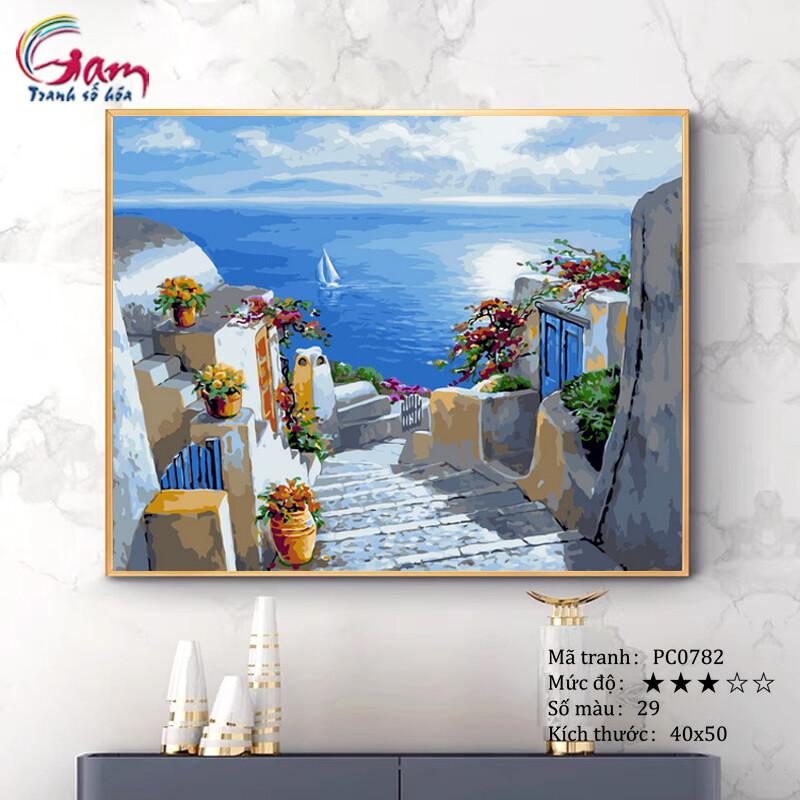 Tranh sơn dầu số hóa tô màu tự vẽ - Mã PC0782 Tranh phong cảnh bờ biển Địa Trung Hải Santorini