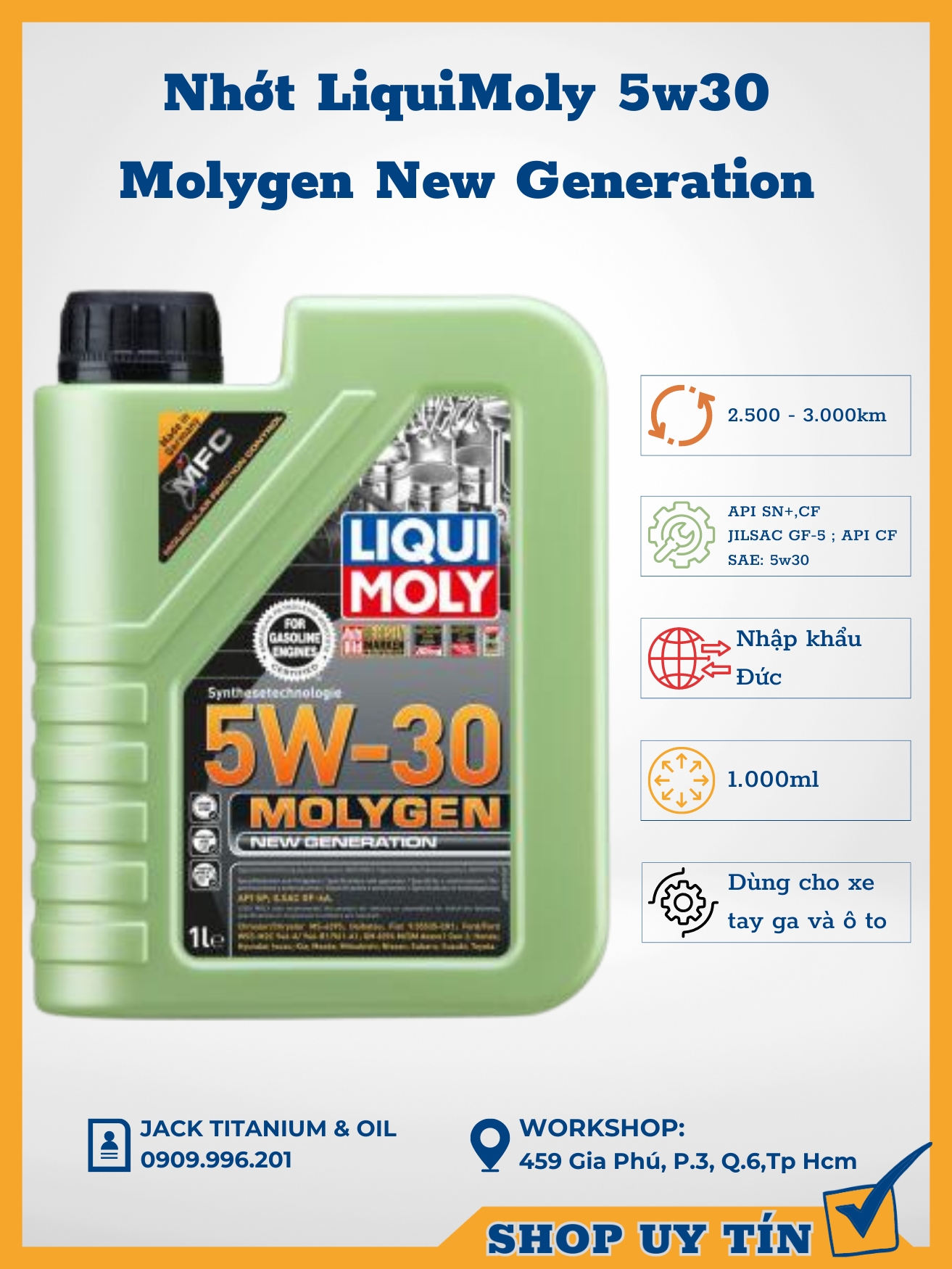 Dầu nhớt tổng hợp Liqui Moly Molygen 5w30 Api SN cho xe tay ga và ô tô dung tích 1000L nhập khẩu Đức