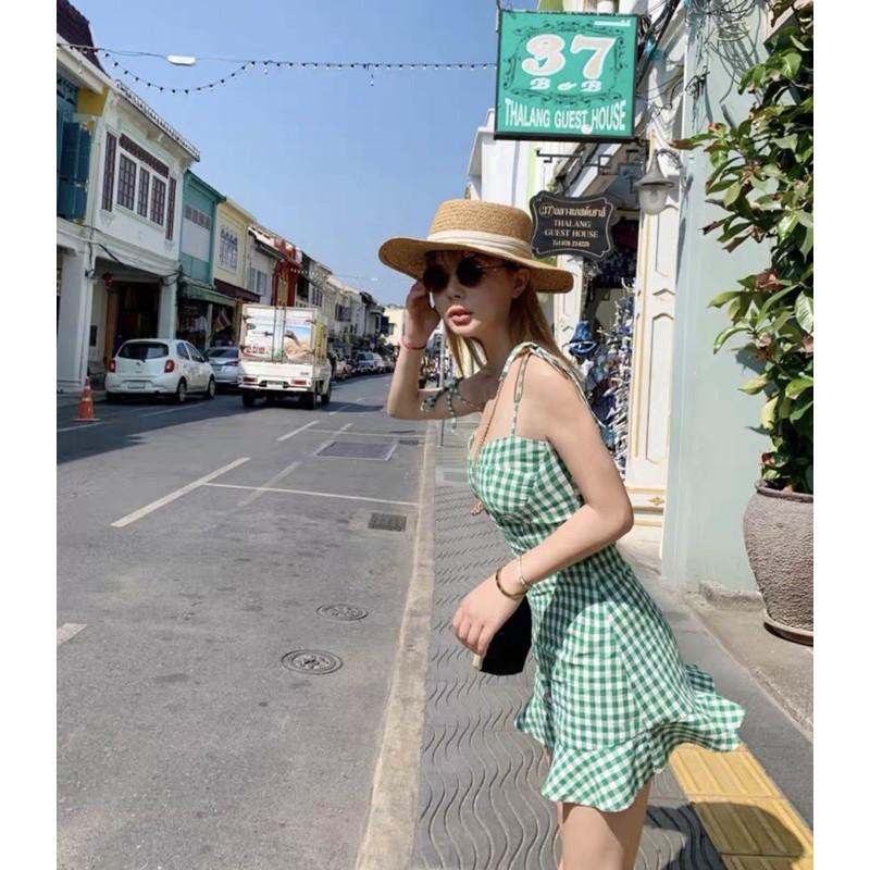 Đầm caro xanh 2dây
