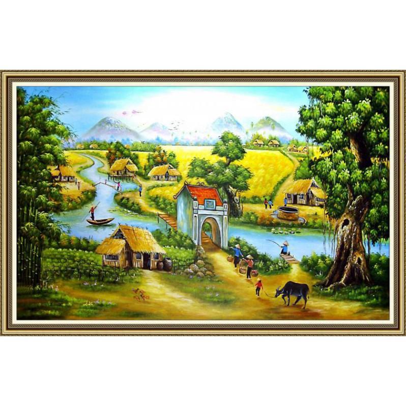 Tranh dán tường 3D Cảnh đẹp Làng quê Việt phủ bóng