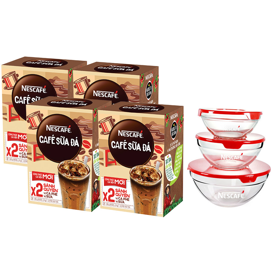 Combo 4 hộp cà phê hòa tan Nescafé cà phê sữa đá (Hộp 10 gói x 24 g) [Bộ 3 thố thủy tinh Nescafe]