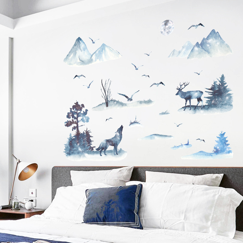 Decal dán tường Tranh thủy mặc phong cảnh núi rừng AmyShop