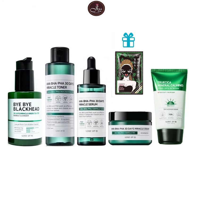 Bộ 5 Sản Phẩm Giảm Mụn Giảm Thâm Some By Mi AHA-BHA-PHA 30 Days Miracle (Sữa rửa mặt 100ml+ Toner 150ml + Serum 50ml + Kem 60g+ Kem chống nắng 50ml) Tặng 1 Mặt Nạ Sexlook