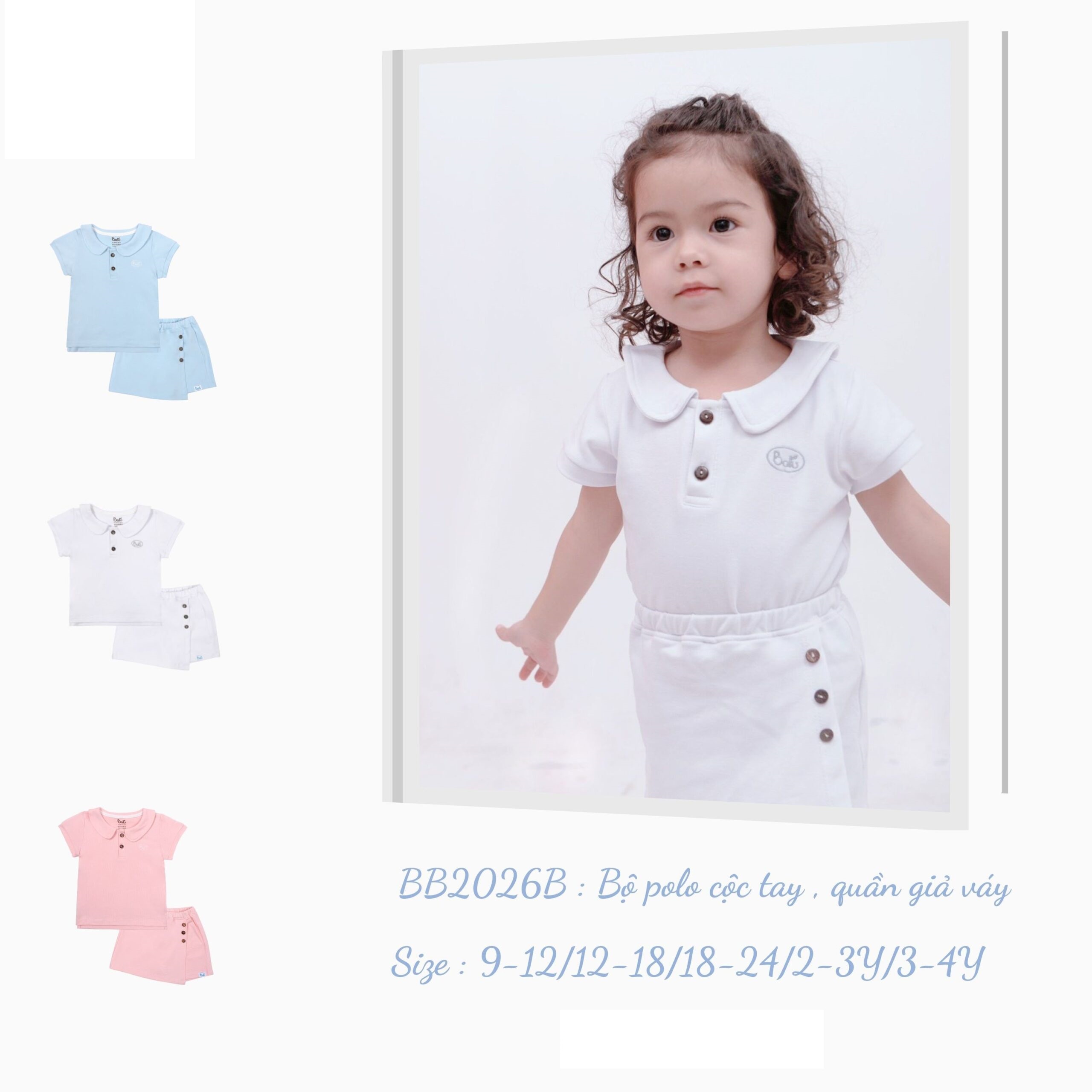 Bộ cộc tay polo kèm quần giả váy  BARU cho bé gái cotton 100%- thời trang trẻ em ( 6M -4Y )