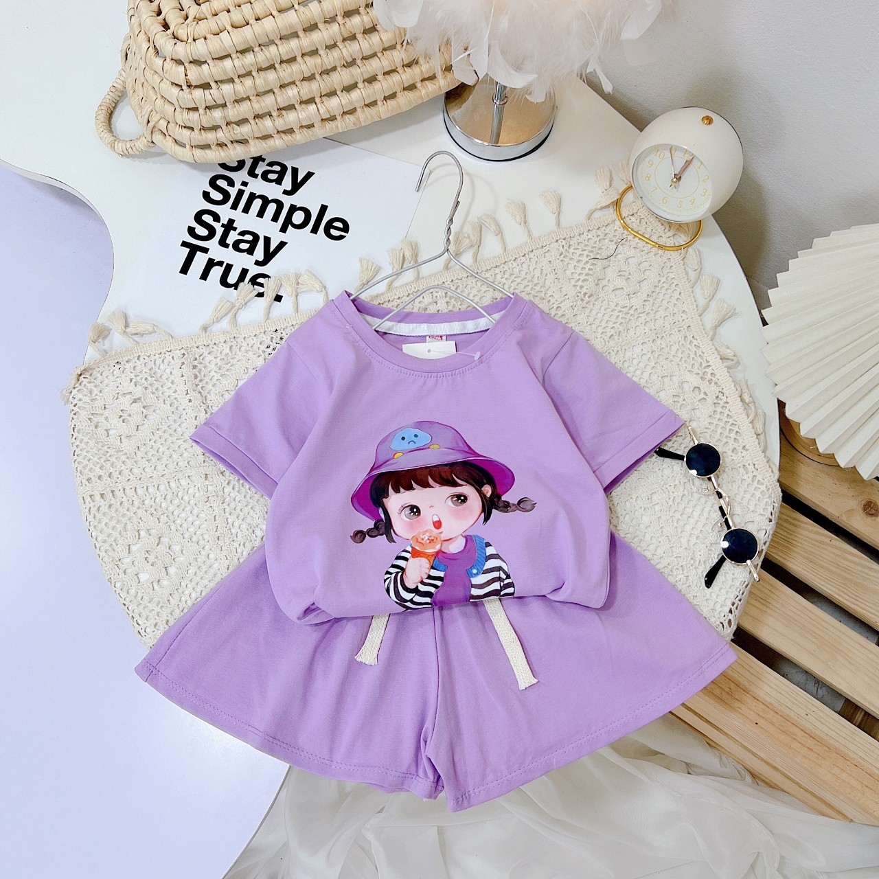 Bộ cộc in hình bé gái, bộ cotton 4 chiều mùa hè cho bé đi học, đi chơi