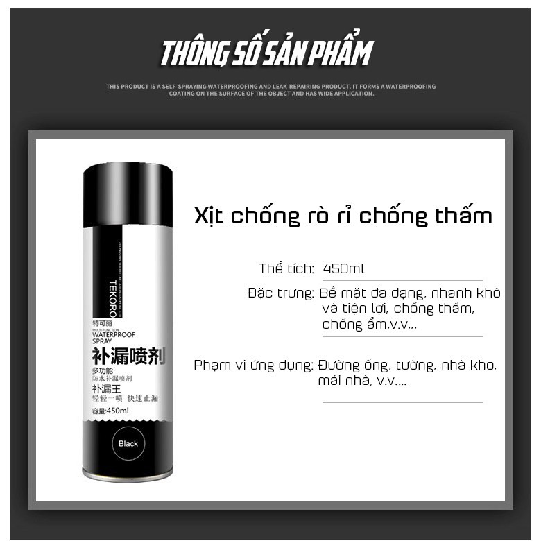 Xịt Chống Thấm,chống dột, Tường Nhà, Chống Thấm Nước,Bể Cá, Mái Nhà, Mái Tôn đa năng TEKORO 450ML - Tặng khăn lau đa năng 2 mặt siêu thấm