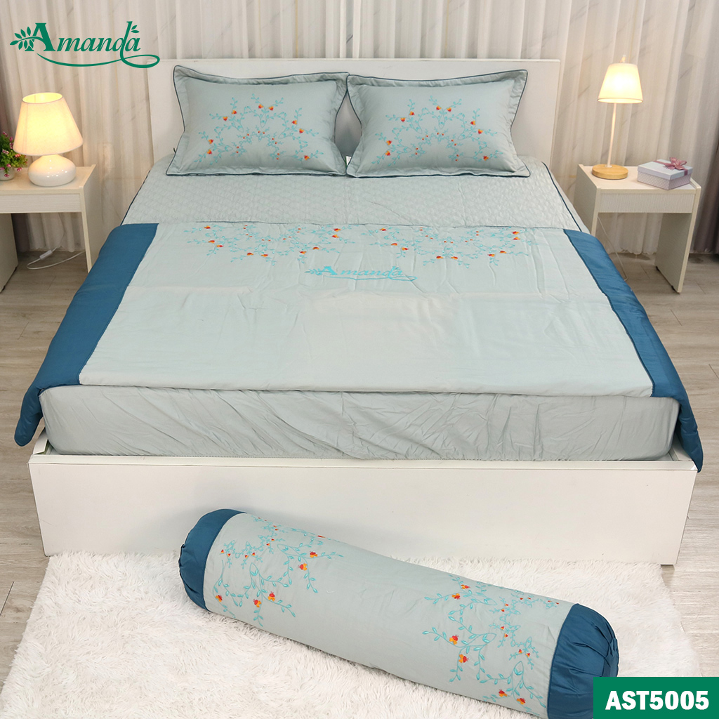 Bộ chăn ra phủ cotton Hàn Quốc thêu cao cấp mềm mịn không xù lông