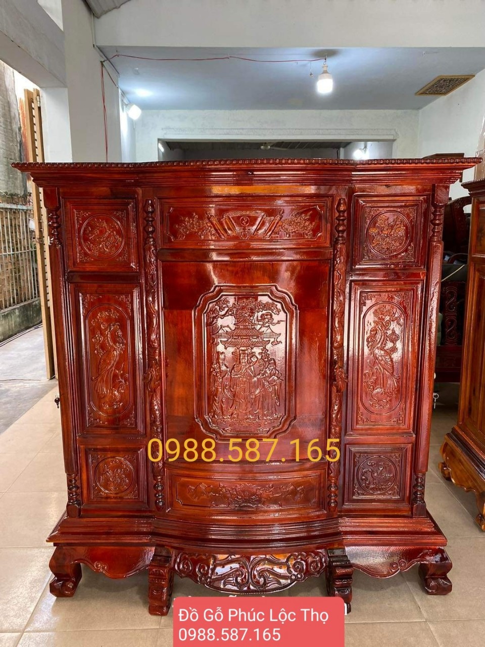 Tủ thờ gia tiên,tủ thờ phật,tủ thờ bụng phệ gỗ tràm bông vàng ngang 1m07-1m27-1m48-1m60