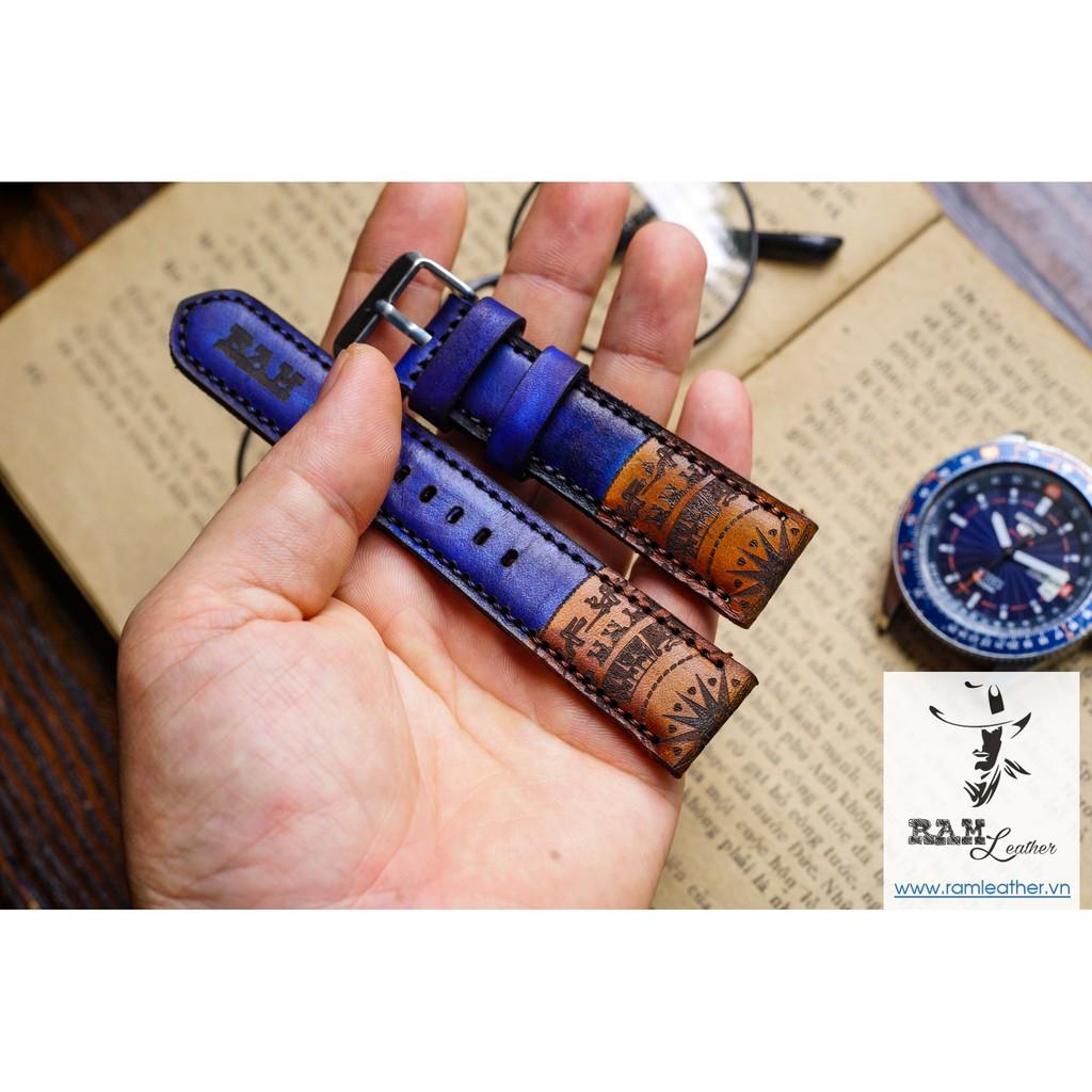 DÂY ĐỒNG HỒ TRỐNG ĐỒNG XANH NAVY -DA BÒ THẬT - CASIO AE1200.SEIKO5 - CHÍNH HÃNG RAM LEATHER