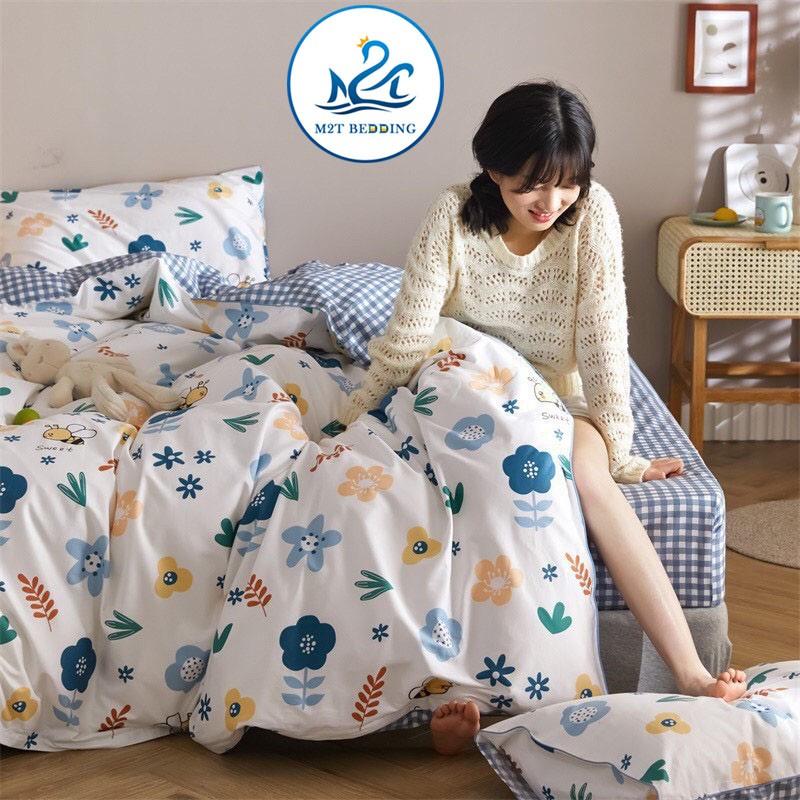 Bộ chăn ga gối Cotton poly M2T bedding Hoa ong xanh, vỏ chăn mền, drap giường và 2 vỏ gối