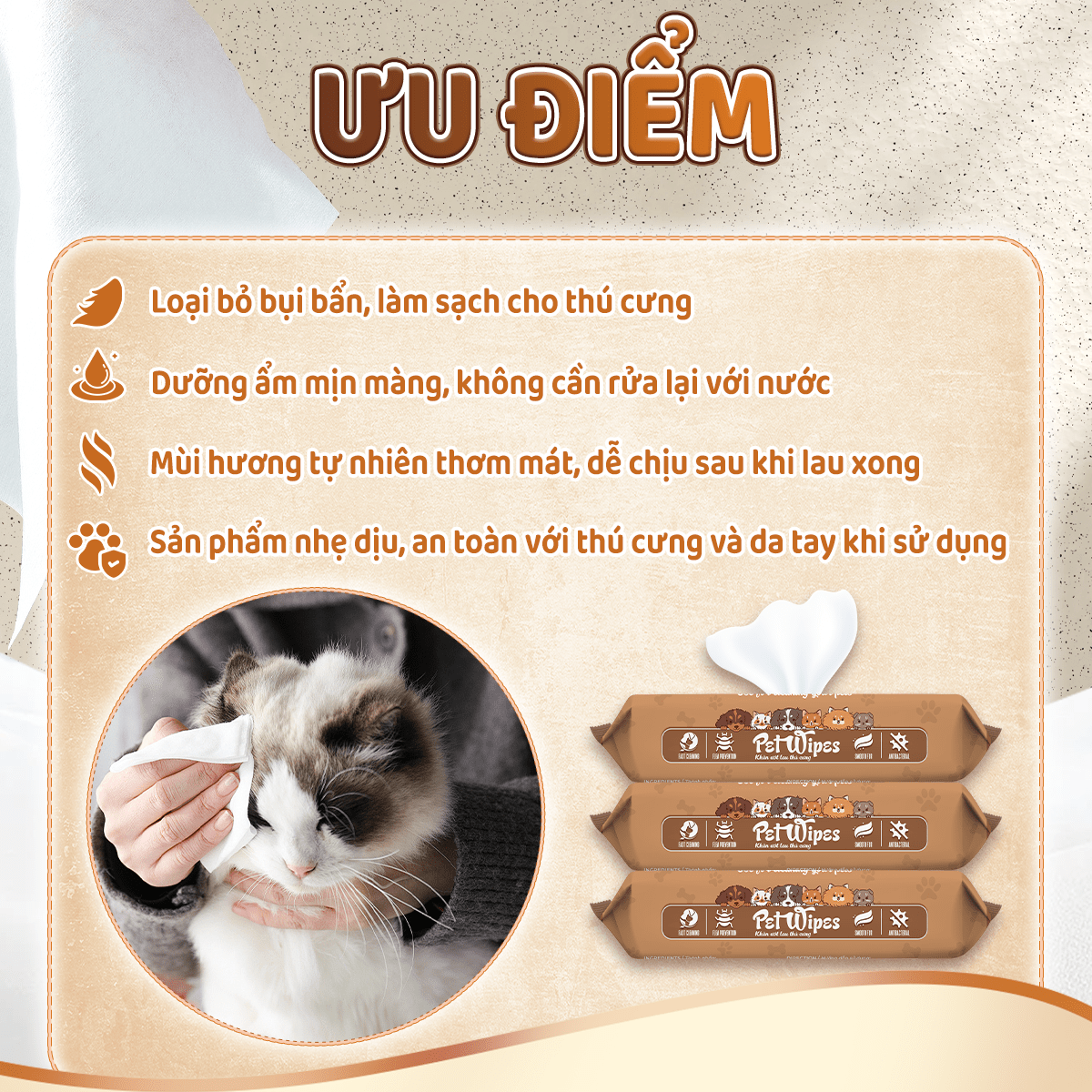 Khăn ướt vệ sinh thú cưng Pet Wipes gói 50 tờ mùi hương tự nhiên vừa làm sạch khử mùi cho chó mèo