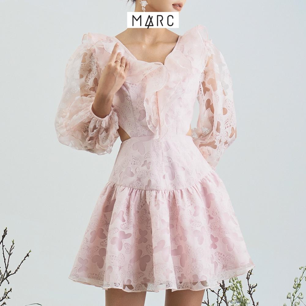 Đầm voan nữ MARC FASHION tay dài cutout eo cổ tim phối bèo FANH112522