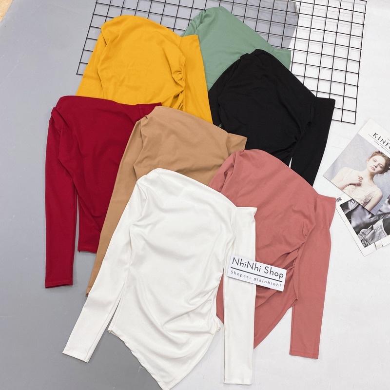 Áo thun lệch vai zúm eo vạt nhọn, Áo kiểu vạt nhọn dài tay vải conton co giãn AT1522 - NhiNhi Shop