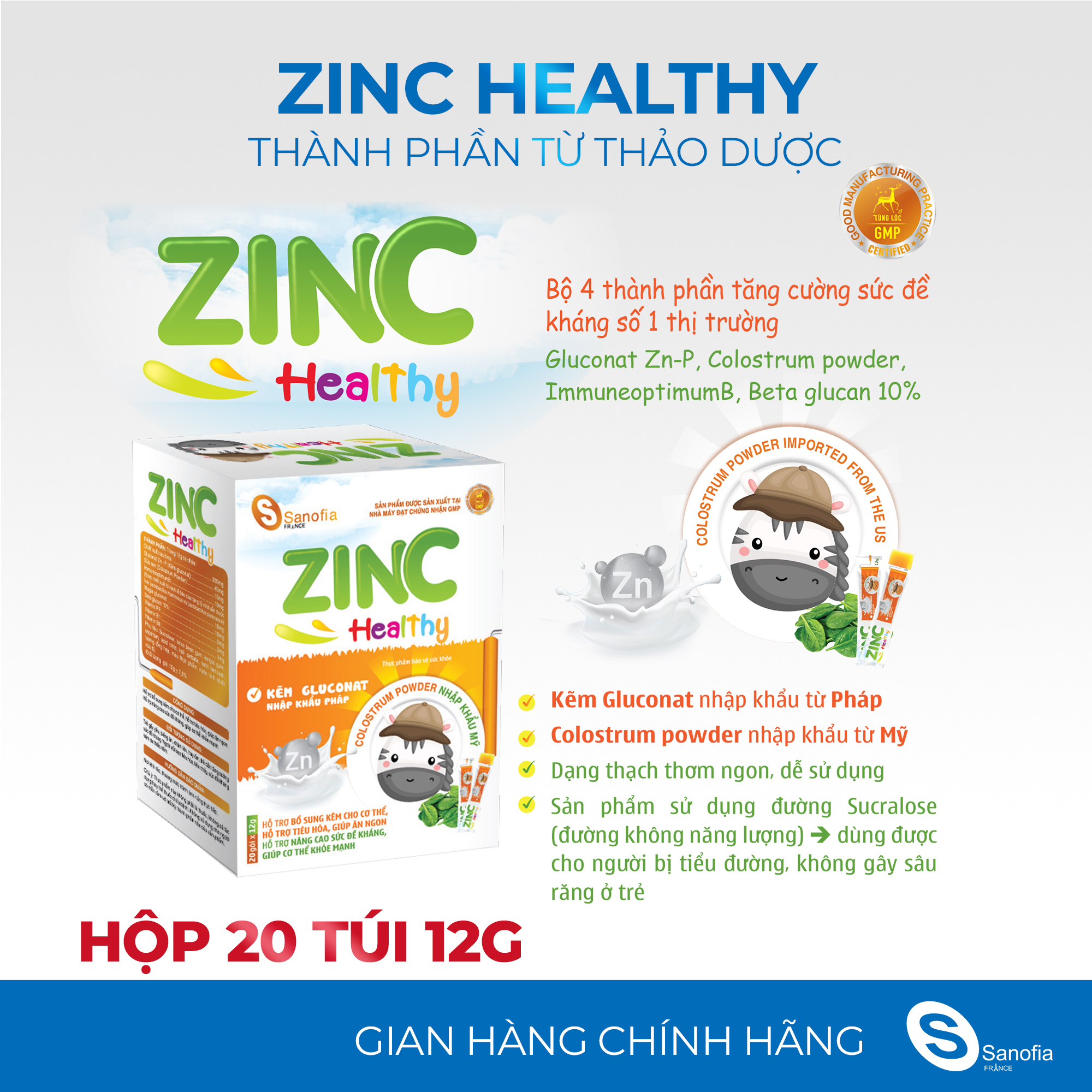 Thạch ăn ngon cho bé Zinc Healthy Sanofia - Bổ sung kẽm, tiêu hóa tốt giúp bé ăn ngủ ngon - Hộp 20 gói Thomsoncare
