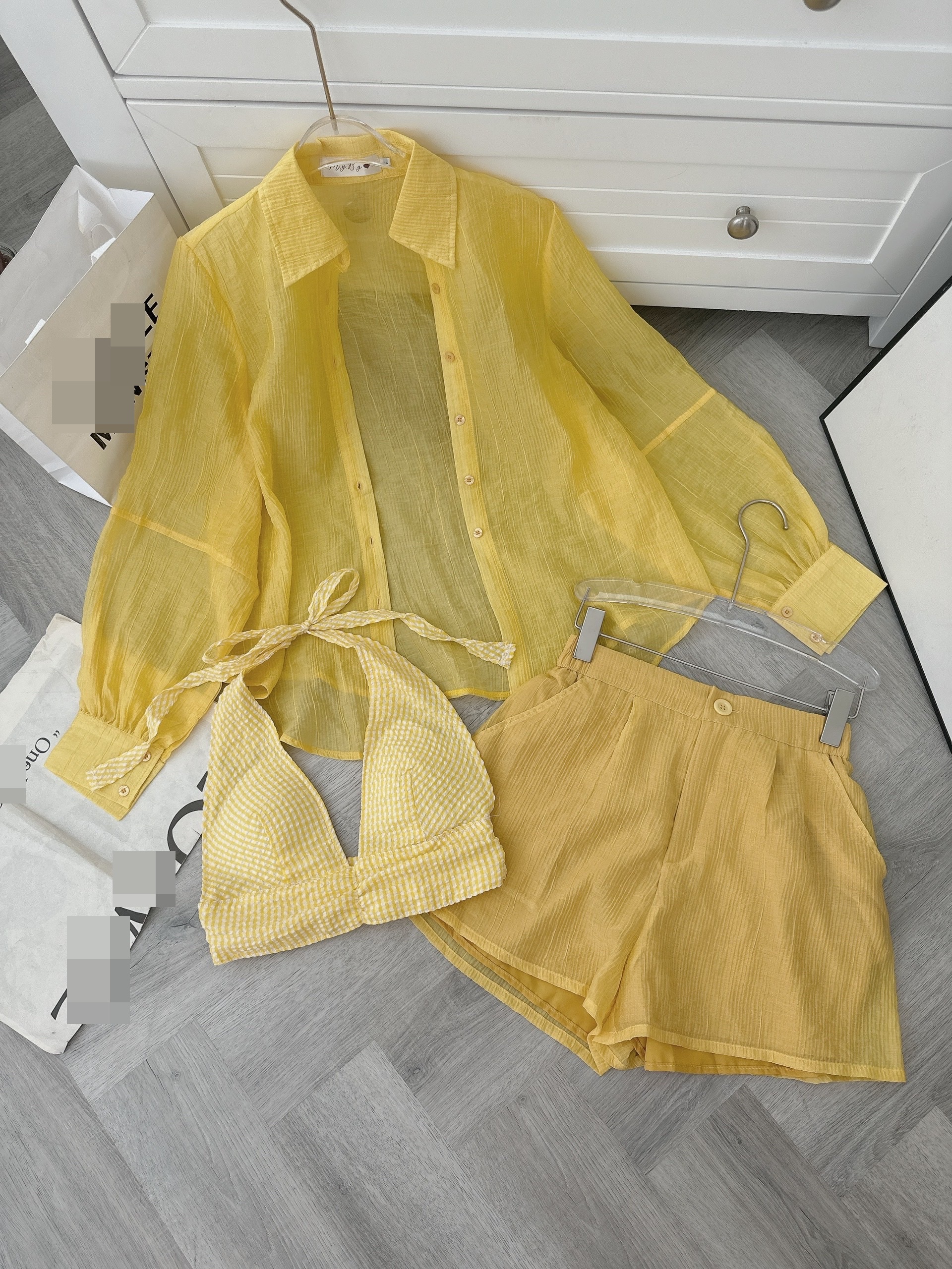SET ÁO CROPTOP BRA BIKINI CARO DÂY YẾM XANH MINT ÁO BƠI  + ÁO SƠ MI PASTEL + QUẦN NGẮN LƯNG CAO ỐNG RỘNG ĐI BIỂN