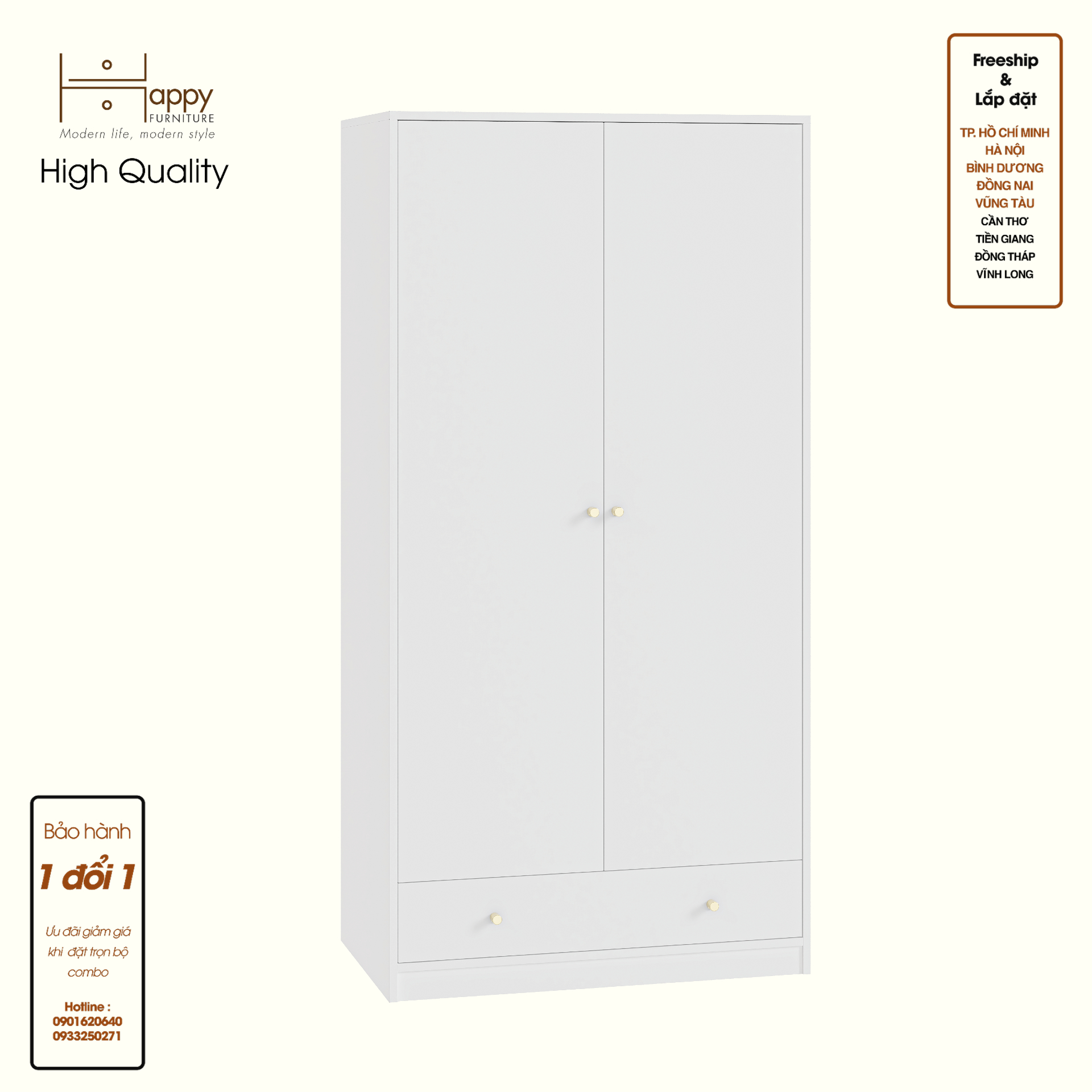 HAPPY FURNITURE , Tủ quần áo 2 cửa mở 1 ngăn kéo - HAPPI, TCM_232 , 90cm x 54cm x 180cm DxRxC