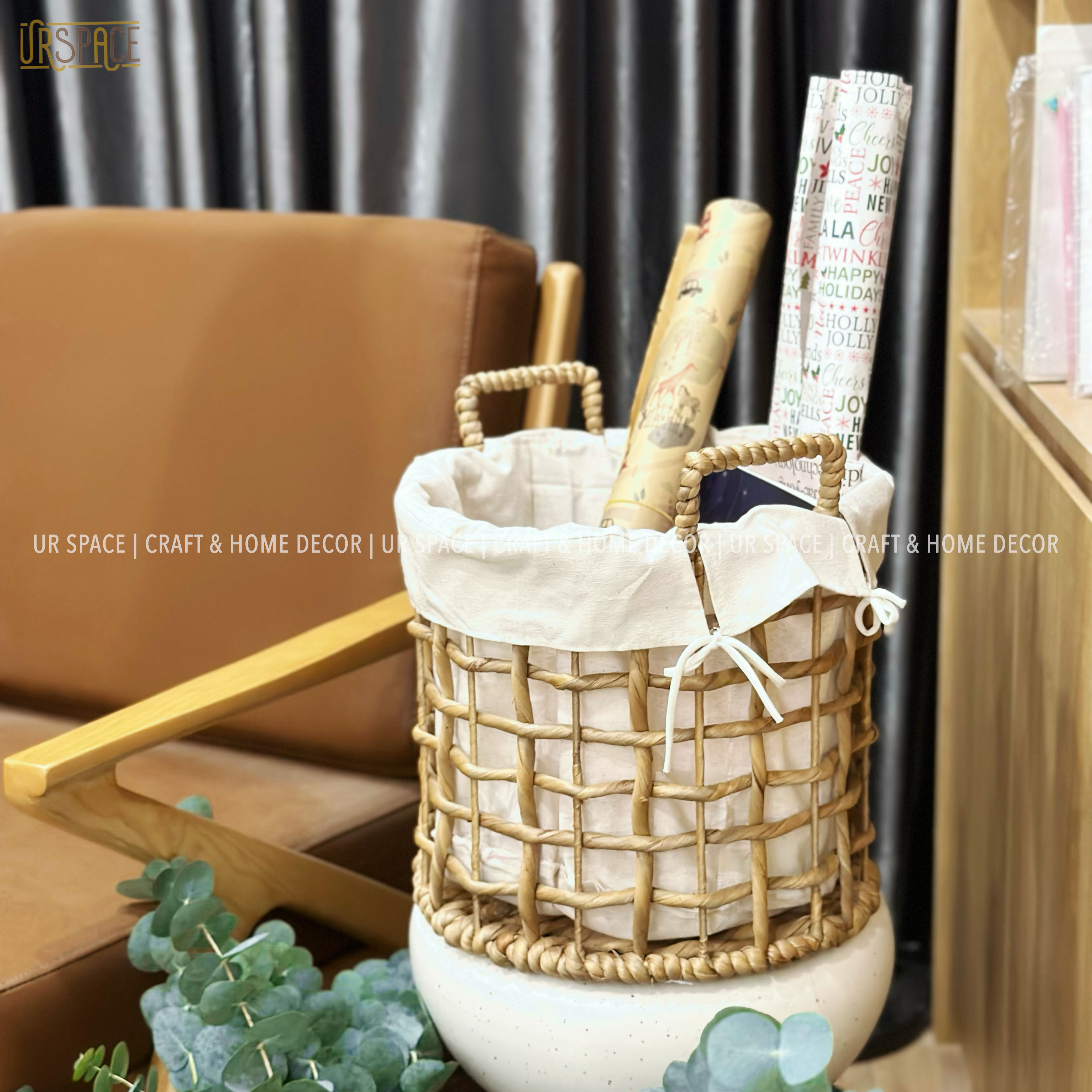 Giỏ lục bình URSPACE trồng cây decor trang trí, đựng quần áo giặt hình tròn có quai cầm / ROUND HYACINTH BASKET