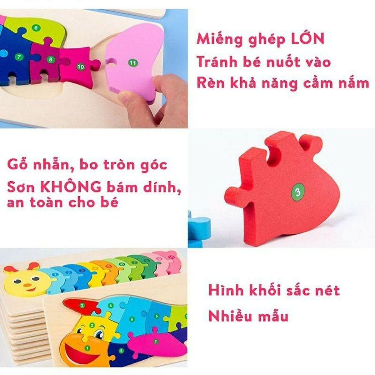 Đồ Chơi Trẻ Em - Combo 5 Tranh Ghép Gỗ Cho Bé Tranh Ghép Gỗ 3D - Tranh Nối Số Từ 1 - 10 đa dạng màu sắc giúp bé phát triển trí tuệ