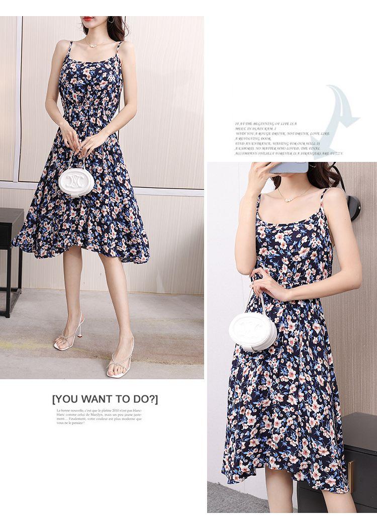 DONGSHOP Mùa hè 2023 Hàn Quốc phiên bản có thể điều chỉnh treo vest đầm mỏng mỏng trung bình dài hoa bãi biển váy