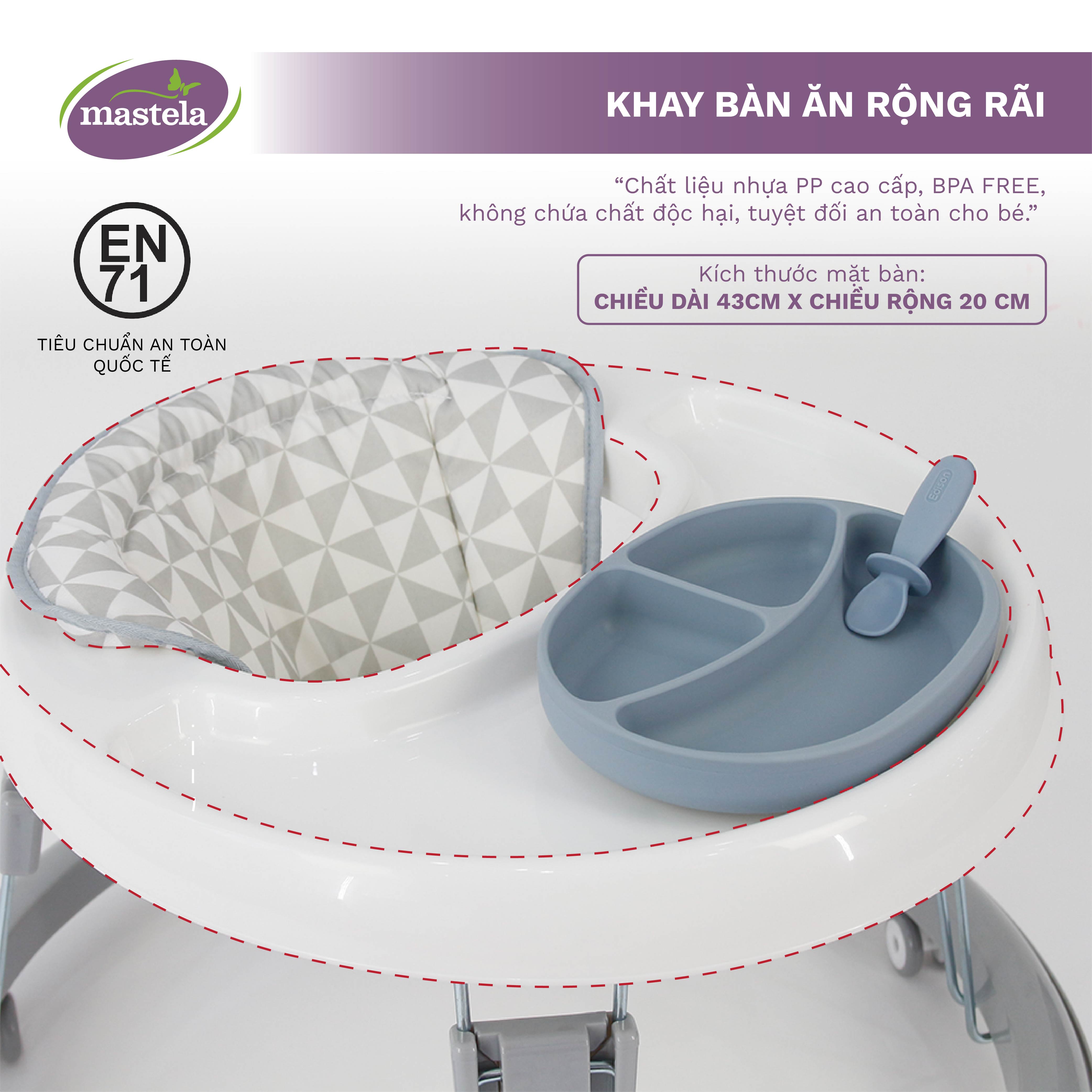 Xe tập đi cho bé có đồ chơi và nhạc Mastela W2002, bánh xe cao su hãm di chuyển theo quán tính siêu nhẹ xoay 360 độ mặt bàn ăn dặm, bánh xe silicon chống ồn - Tiêu chuẩn JIS Nhật Bản