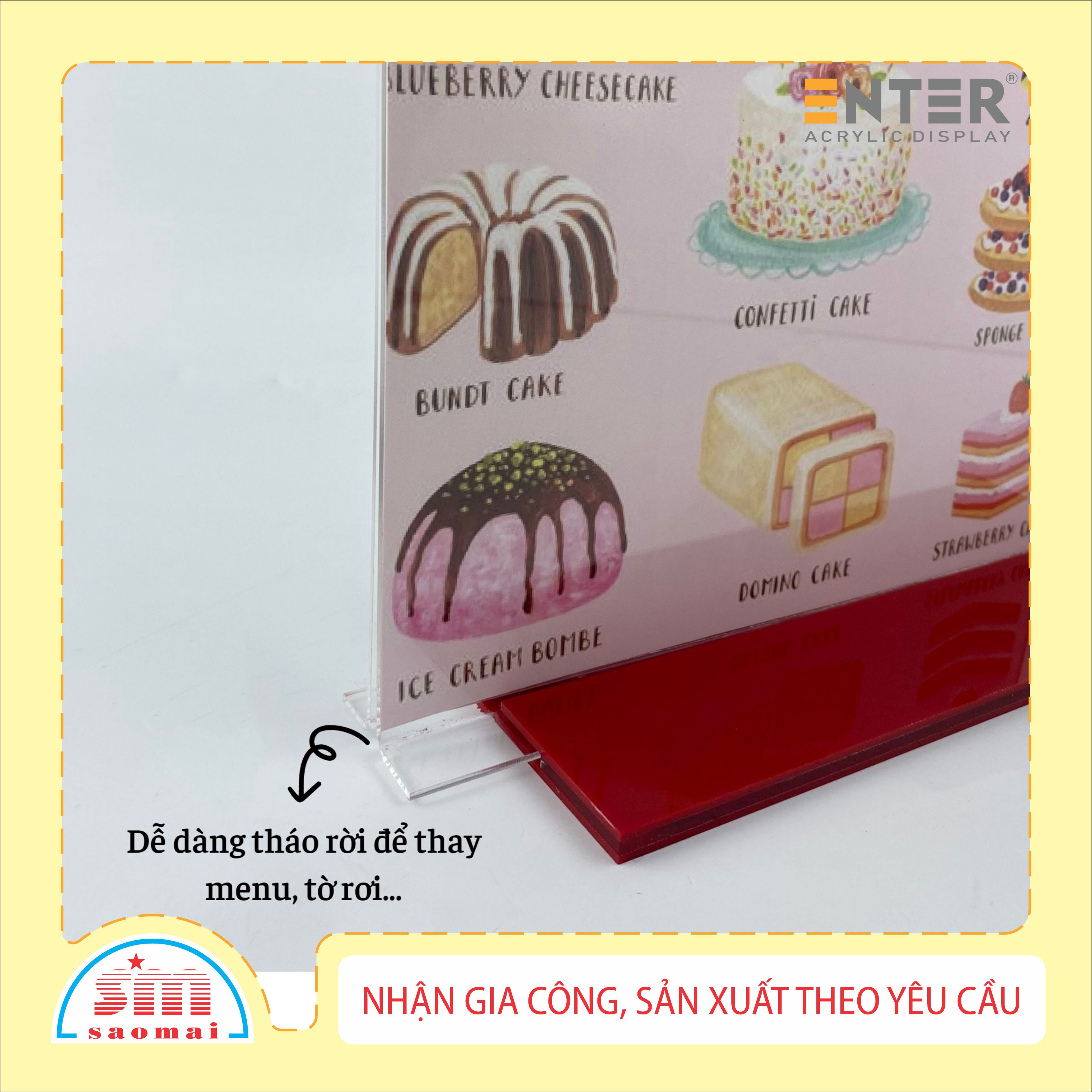 Kệ menu nhà hàng, Standee mica để bàn, Bảng quét mã QR Code, Kệ mica 2 mặt Enter E07 150x210mm đế lùa A5 đứng