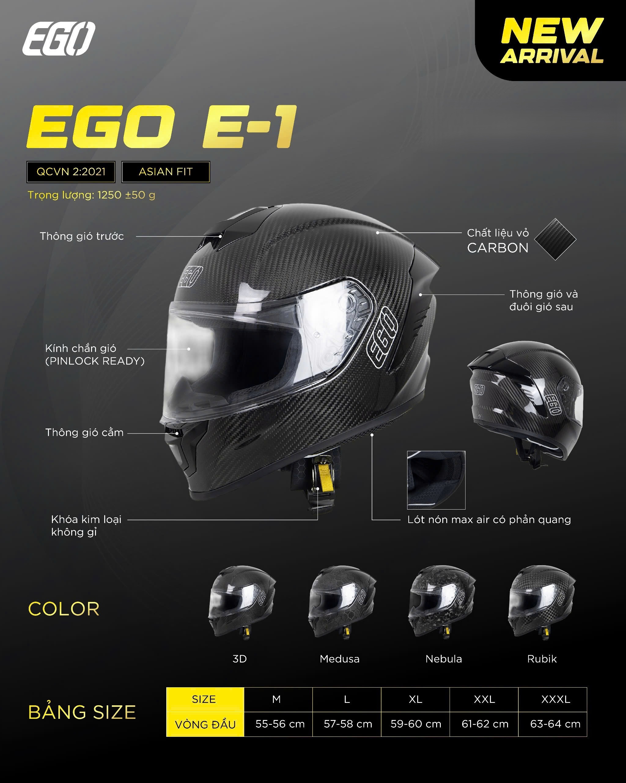 [Chính Hãng] Mũ Bảo Hiểm Fullface EGO E-1 Carbon Siêu Nhẹ Chuẩn Asian Fit Vân 3D Rubik Nebula Medusa