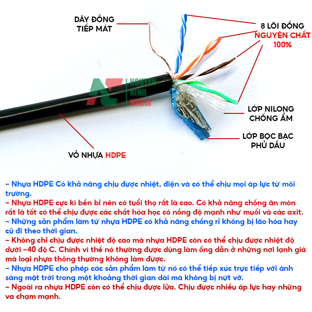 Dây Mạng Ngoài Trời + Âm Tường HIDEKI Cat5e FTP 8 Lõi Đồng Nguyên Chất + Bọc Bạc Phủ Dầu, Vỏ HDPE Siêu Bền - Hàng Chính Hãng