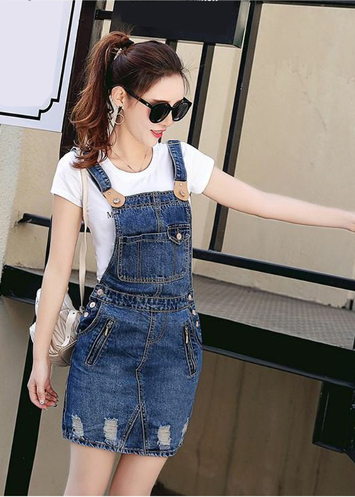 Đầm Yếm Jean Nữ Phối Da Đáng Yếu
