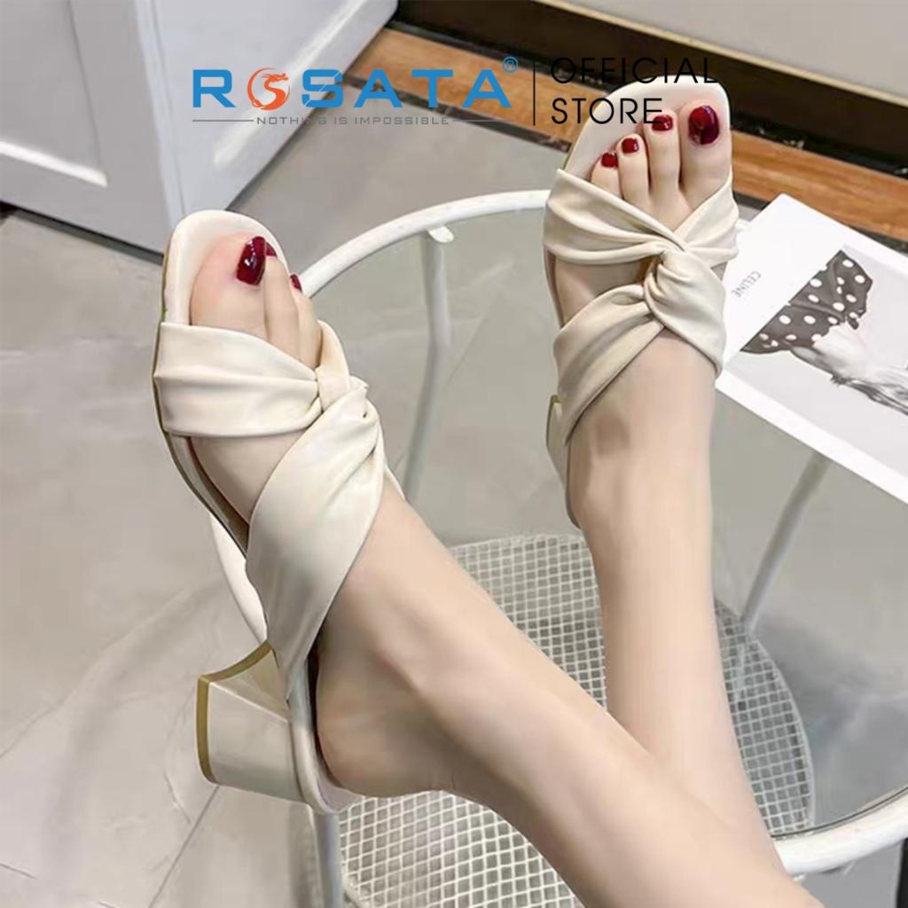 Giày sandal cao gót nữ ROSATA RO337 xỏ chân mũi tròn phối dây gót vuông cao 5cm xuất xứ Việt Nam - Kem