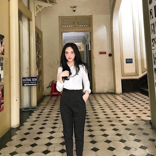 Somi trắng & baggy lưng thun kẻ sọc
