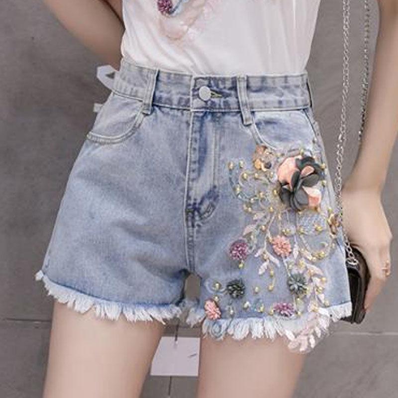 Quần Short Denim Dáng Rộng Phong Cách Châu Âu Thời Trang Mùa Hè Mới 2022 Cho Nữ - Quần short Denim hoa xám - S Dưới 100 Jin