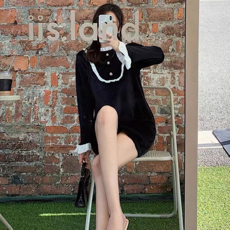 Đầm nhung dài tay viền bèo cúc ngọc hàng xuất