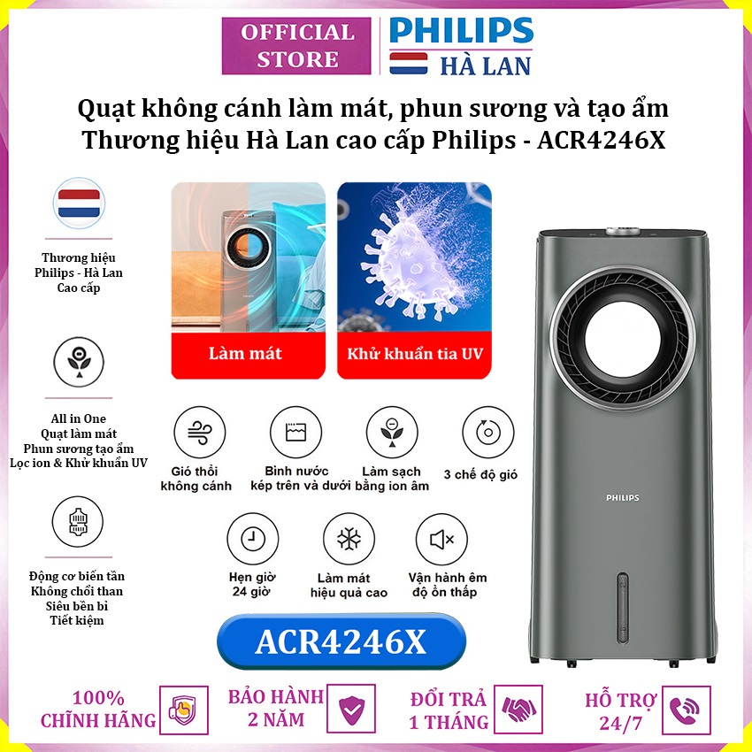 Quạt không cánh phun sương tạo ẩm kiêm lọc không khí ion âm và khử khuẩn UV thương hiệu Hà Lan Philips ACR4246X Serial 4000 - Hàng nhập khẩu