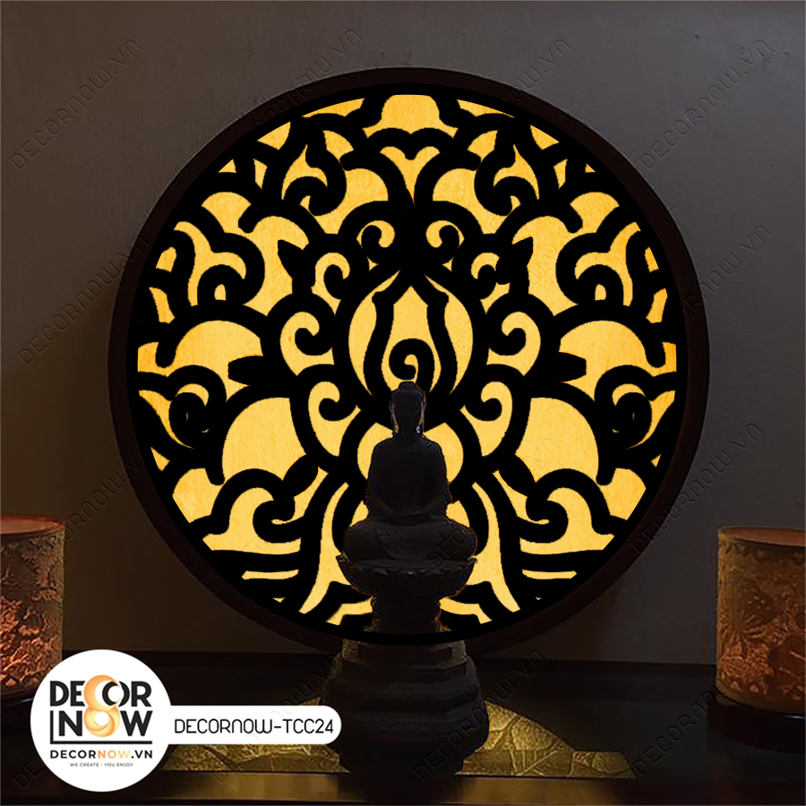 Đèn Hào Quang Phật In Tranh Trúc Chỉ CNC DECORNOW 30,40 cm, Trang Trí Ban Thờ, Hào Quang Trúc Chỉ VÂN GỖ DCN-TCC24