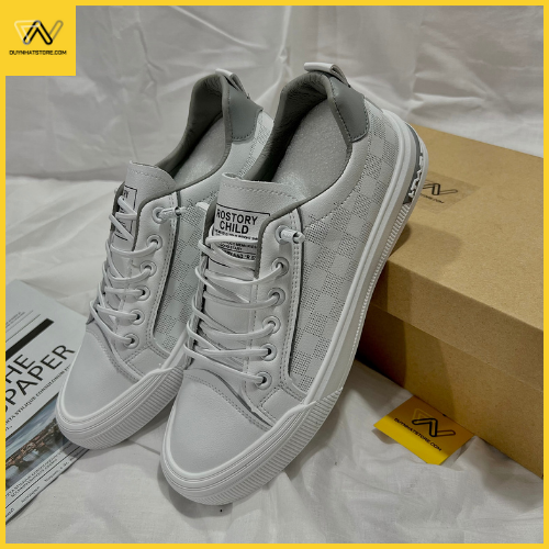 Giày Thể Thao Nam 3 Sọc Caro Màu Trắng Xám Đẹp Duy Nhật Store Da Mờ Sang Uzzang Đẹp Êm Sneaker Bata Trend Dây Thun Xỏ