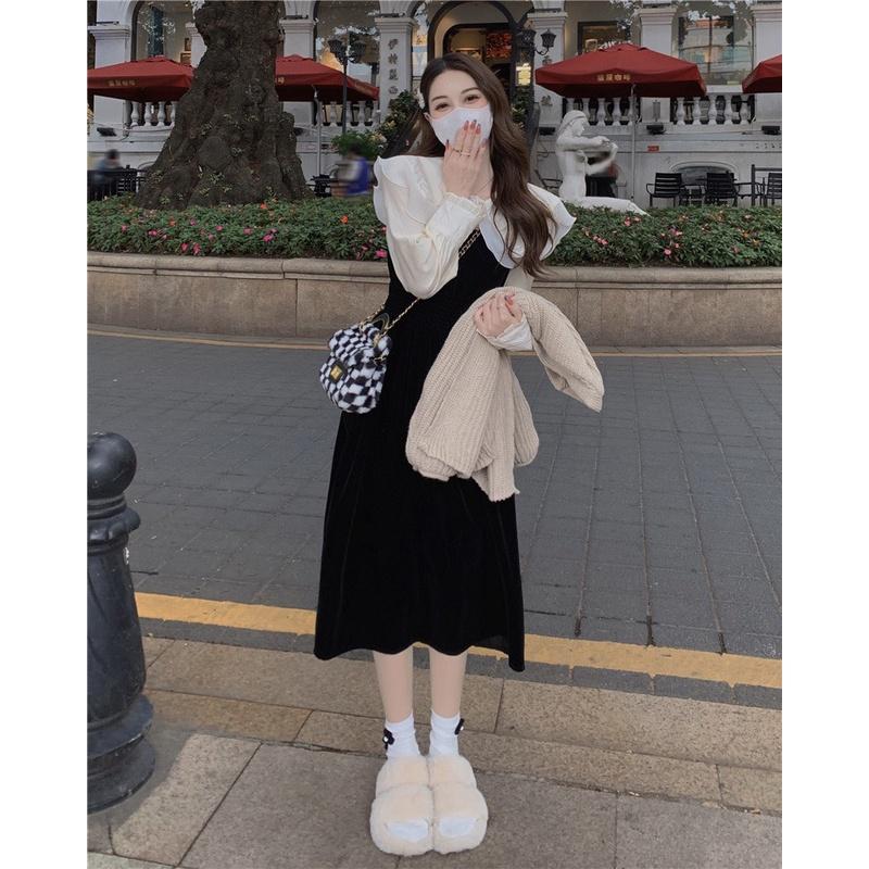 Váy nhung đen cổ bèo vintage tiểu thư sang chảnh