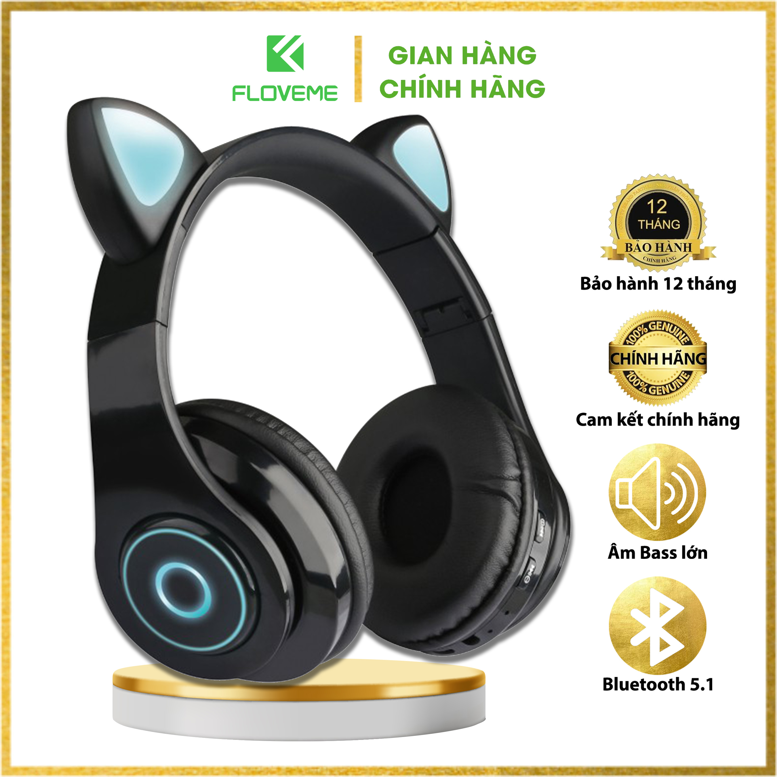 Tai nghe Bluetooth FLOVEME B39 tai mèo đáng yêu có mic đàm thoại cao cấp, có đèn phát sáng cute tai nghe thời trang - Hàng chính hãng